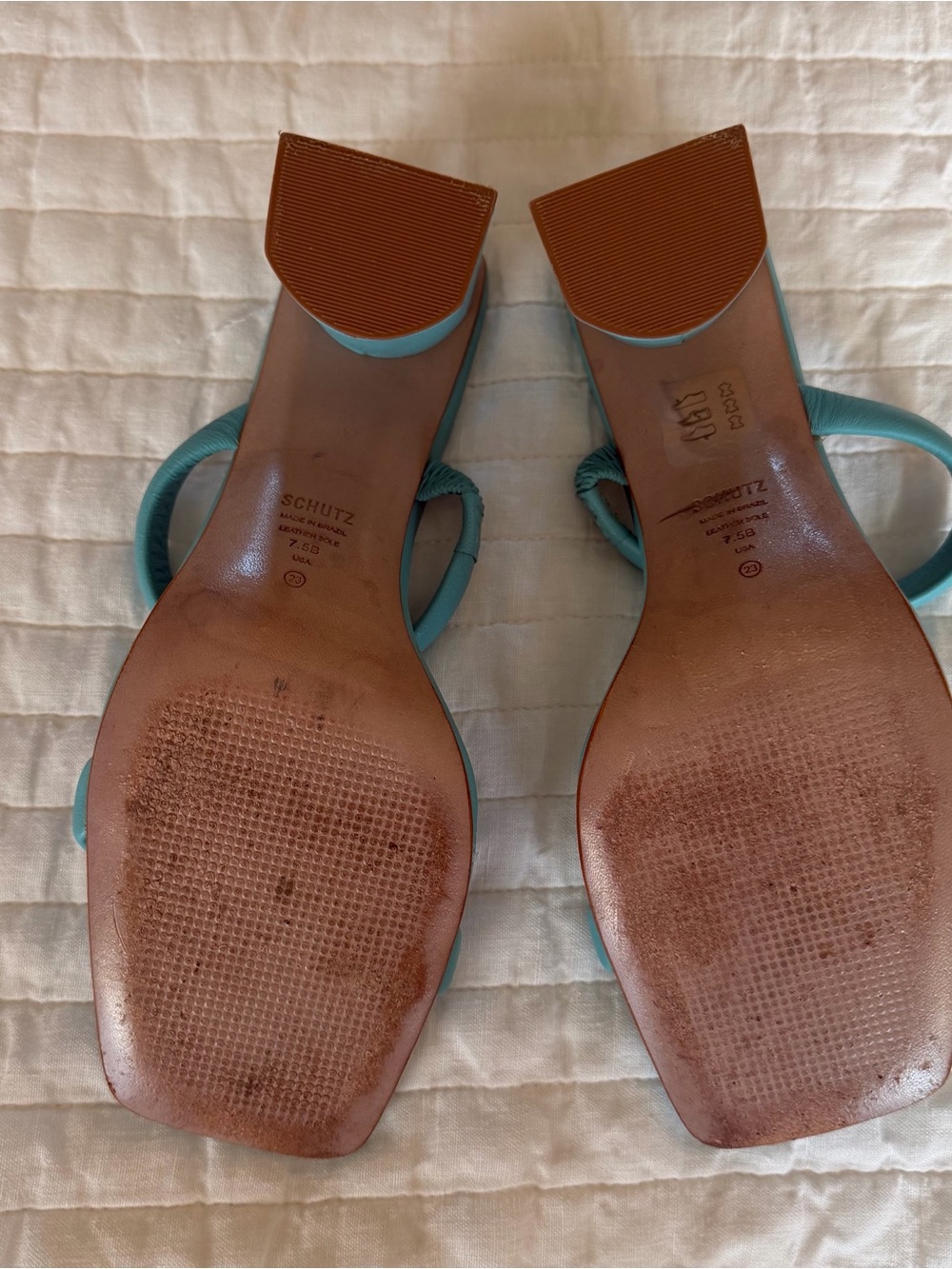 Schutz Ully Turquoise Block Double-Strap Square-Toe Heeled Sandals 7.5 - Picture 6 of 6